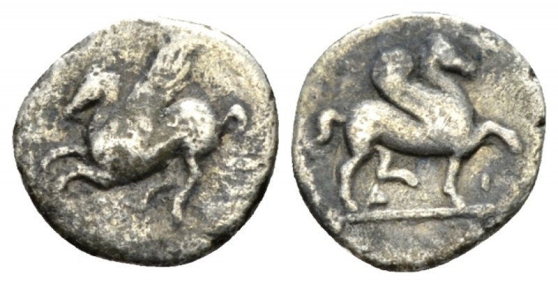 Corinthia, Corinth Diobol circa 300, AR 10mm., 0.76g. Pegasus flying l. Rev. Peg...