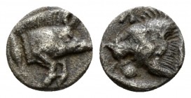 Mysia, Cyzicus Hemiobol circa 525-475, AR 11mm., 0.35g. Forepart of boar r.; tunny fish r. Rev. Head of roaring lion l. within incuse square. Von Frit...