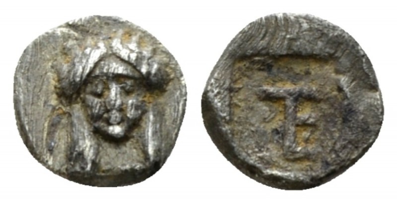 Ionia, Colophon Tetartemorion circa 450-410, AR 8mm., 0.26g. Facing head of Apol...