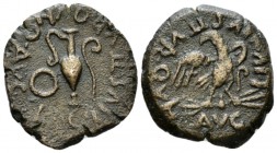 Hispania, Carthago Nova Octavian, 32 – 27 BC Bronze circa 50-25 BC, Æ 20.5mm., 6.12g. Eagle standing r. on thunderbolt, head l. Rev. Patera, jug and l...