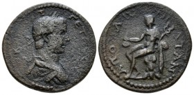 Illyricum, Apollonia Geta, 209-212 Bronze circa 209-212, Æ 27.5mm., 8.34g. Laureate, draped and cuirassed bust r. Rev. Hermes seated on rock, l., hold...