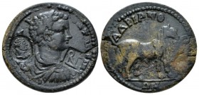 Mysia, Hadrianothera Caracalla, 198-217 Bronze circa 198-217, Æ 25mm., 8.22g. Bare-headed, draped and cuirassed bust r; on each side, countermark. Rev...