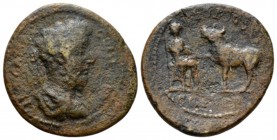 Mysia, Parium Commodus, 177-192 Bronze circa 184-190, Æ 23.5mm., 5.38g. Laureate, draped and cuirassed bust r. Rev. Aesculapius seated r., holding wit...