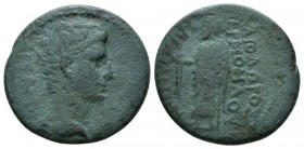 Ionia, Sardis Octavian as Augustus, 27 BC – 14 AD Bronze circa, Æ 19.5mm., 4.20g. Bare head r. Rev. ΣAPΔIANΩN ΔIOΔΩPOΣ EPMOΦIΛOY Zeus standing l., hol...