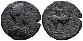 Pamphilia, Syllum Commodus, 177-192 Bronze circa 184-190, Æ 26mm., 23.20g. Laureate bust r., wearing aegis. Rev. Mên on horseback, r., wearing Phrygia...