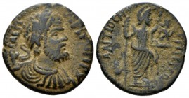 Pisidia, Antioch Septimius Severus, 193-211 Bronze circa 193-211, Æ 22mm., 5.26g. Laureate, draped and cuirassed bust r. Rev. Mên standing r., with fo...