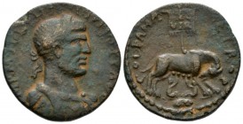 Coele-Syria, Damascus Philip I, 244-249 Bronze circa 244-249, Æ 28.5mm., 16.82g. Laureate, draped, and cuirassed bust r. Rev. She-wolf standing r., su...