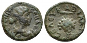 Decapolis, Abila Faustina junior, daughter of Antoninus Pius and wife of Marcus Aurelius Bronze circa 162-163, Æ 15mm., 3.38g. Draped bust r. Rev. Gra...