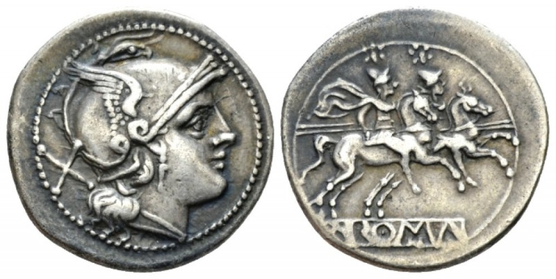 Denarius circa 214-213, AR 20mm., 4.19g. Helmeted head of Roma r.; behind, X. Re...