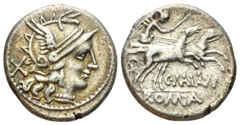 C. Maianius. Denarius 153, AR 17mm., 3.72g. Helmeted head of Roma r.; behind, X....