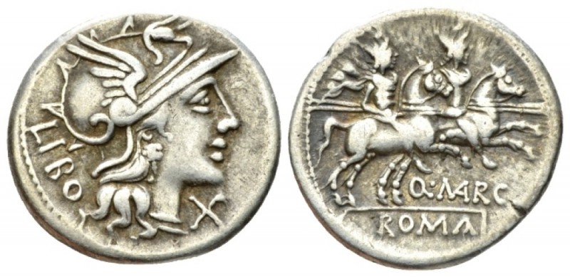 Q. Marcius Libo. Denarius circa 148, AR 20mm., 3.72g. Helmeted head of Roma r., ...