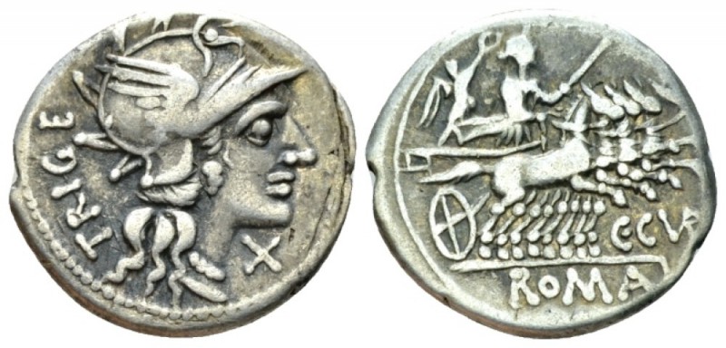 C. Curiatius. Denarius 142, AR 20mm., 3.75g. Helmeted head of Roma r.; behind, T...