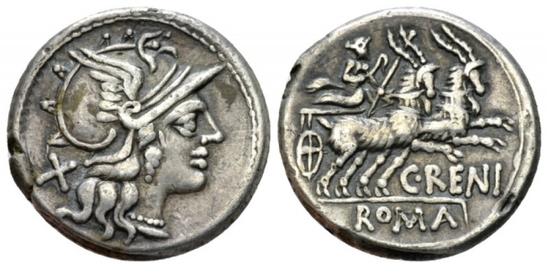 C. Renius. Denarius 138, AR 19.5mm., 3.07g. Helmeted head of Roma r.; behind, X....