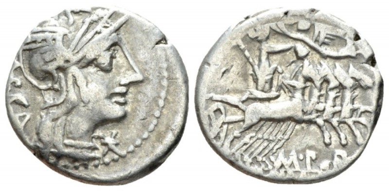 Denarius 125, AR 17.5mm., 3.80g. Helmeted head of Roma r.; behind, LAECA and bef...