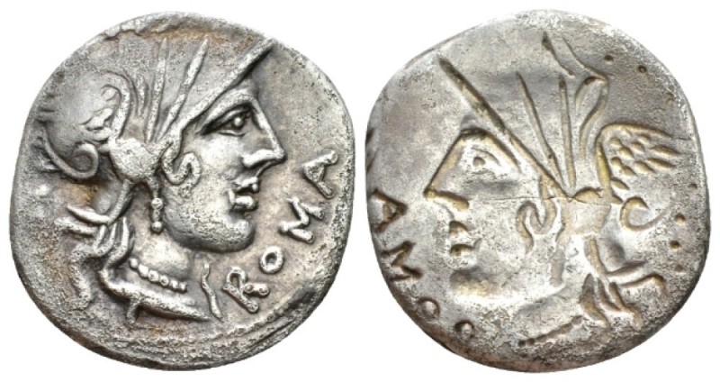 Cn Domitius Ahenobarbus. Denarius 116 or 115, AR 18.5mm., 3.81g. Helmeted head o...