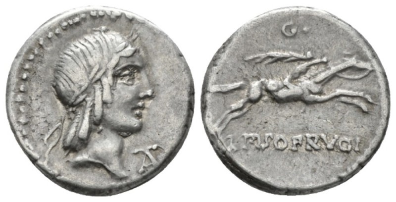 L. Calpurnius Piso Frugi. Denarius 90, AR 18.5mm., 4.14g. Laureate head of Apoll...