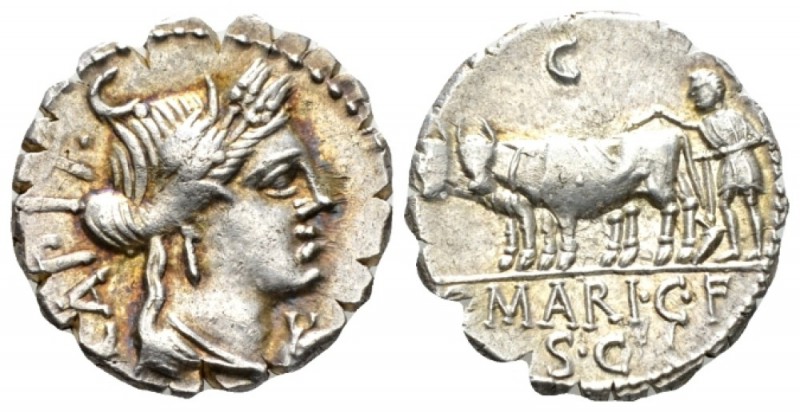 C. Marius C.f. Capito. Denarius serratus 81, AR 18mm., 3.89g. Bust of Ceres r.; ...