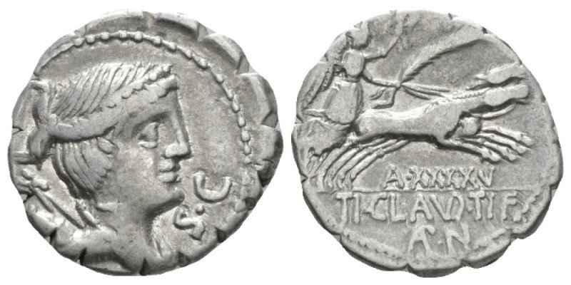 Ti. Claudius Nero. Denarius serratus 79, AR 18.5mm., 3.60g. Draped bust of Diana...