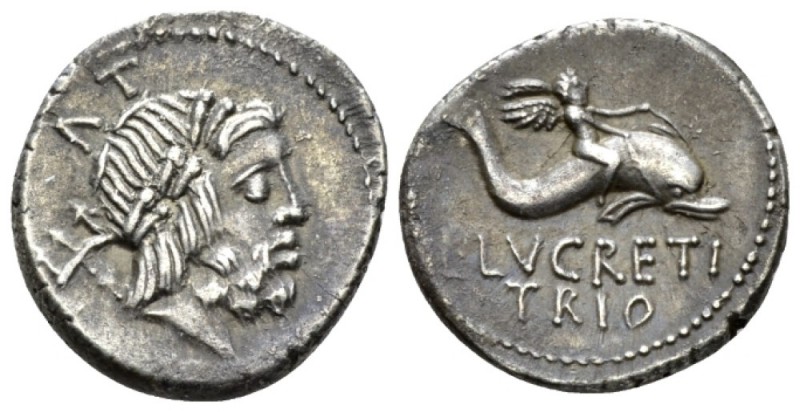 L. Lucretius Trio. Denarius 76, AR 17.5mm., 3.71g. Laureate head of Neptune r.; ...