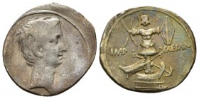 Octavian, 32 – 27 BC Denarius Brundisium and Rome 29-27, AR 18mm., 2.74g. Bare head r. Rev. Trophy set on prow; at base, prow and anchor in saltire. C...