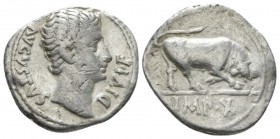 Octavian as Augustus, 27 BC – 14 AD Denarius Lugdunum 15-13, AR 19mm., 3.80g. Bare head r. Rev. Bull butting r.; in exergue, IMP X. C 13. RIC 167a

...