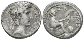 Octavian as Augustus, 27 BC – 14 AD Tetradrachm Antioch circa 5-4 BC, AR 26.5mm., 14.80g. Laureate head r. Rev. ETOVΣ ZΚ NIKHΣ Tyche seated r. on rock...