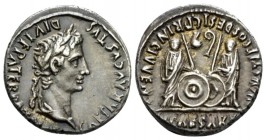 Octavian as Augustus, 27 BC – 14 AD Denarius Lugdunum 2 BC - 4 AD, AR 18.5mm., 3.85g. Laureate head r. Rev. Gaius and Lucius Caesar, each togate and s...