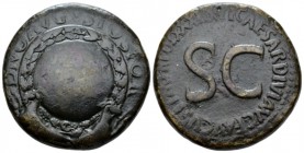 Divus Augustus. Sestertius 36-37, Æ 35mm., 26.69g. Shield within wreath inscribed OB / CIVIS / SER supported by two capricorns; beneath, globe. Rev. L...