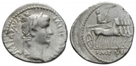 Tiberius, 14-37 Denarius Lugdunum circa 15-16, AR 19mm., 3.79g. Laureate head r. Rev. Tiberius in triumphal quadriga r., holding laurel branch and eag...