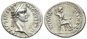 Tiberius, 14-37 Denarius Lugdunum circa 14-37, AR 20mm., 3.74g. Laureate head r. Rev. Pax-Livia figure seated r., holding sceptre in r. hand and branc...