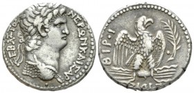 Nero, 54-68 Tetradrachm Antioch (Seleucis and Pieria) circa 63-64, AR 25.5mm., 14.76g. Laureate bust r. , with aegis around neck; below, dot. Rev. ΕTO...