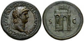 Nero, 54-68 Sestertius circa 64, Æ 35.5mm., 29.63g. Laureate head r. Rev. Triumphal arch around S C. C 308. RIC 147. Green patina somewhat smoothed, o...