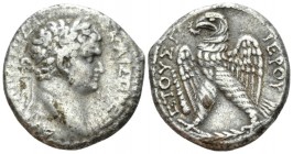 Titus Caesar, 69-79 Tetradrachm Antioch (Seleucis and Pieria) circa 70-71, AR 25mm., 13.42g. Laureate head r. Rev. ETOYΣ ΓIEPOY Eagle standing l. on p...