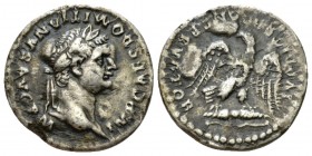 Domitian, 81-96 Denarius circa 82-83, AR 18mm., 3.12g. Laureate head r. Rev. Eagle standing facing on thunderbolt, head l., wings spread. C 320. RIC 1...