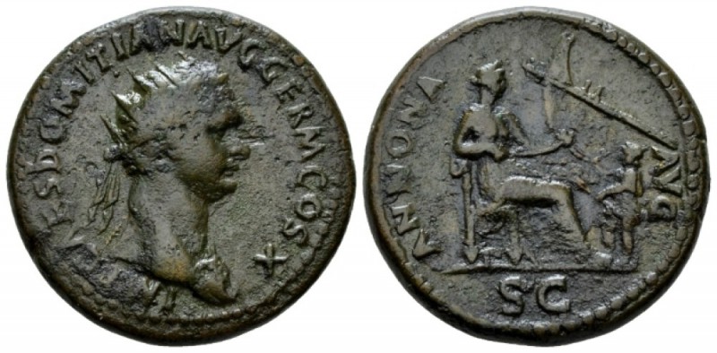 Domitian, 81-96 Dupondius circa 84, Æ 28.5mm., 12.99g. Radiate bust r., wearing ...