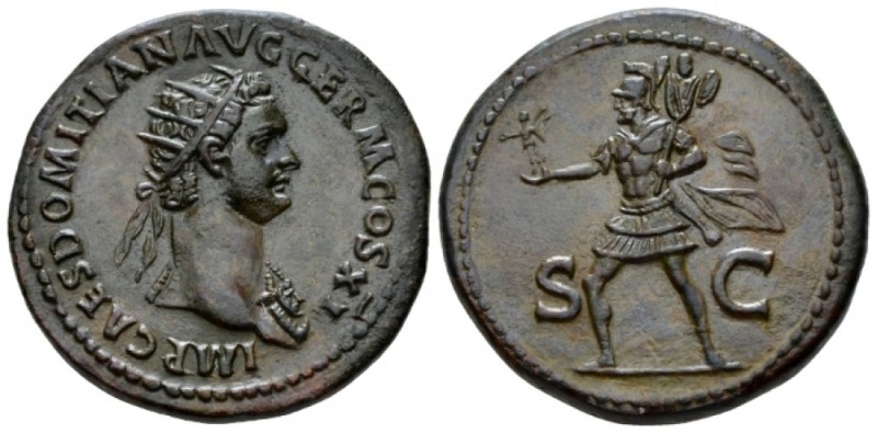 Domitian, 81-96 Dupondius circa 85, Æ 29mm., 13.28g. Radiate bust r., wearing ae...