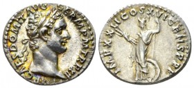 Domitian, 81-96 Denarius circa 92, AR 19mm., 3.62g. Laureate head r. Rev. Minerva standing l., holding thunderbolt and spear; at feet, shield. C 271. ...