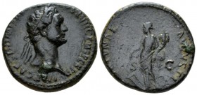 Domitian, 81-96 As circa 92-94, Æ 27mm., 11.84g. Laureate head r. Rev. Fortuna standing l., holding rudder on globe and cornucopia. RIC 755.

Dark g...