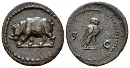 Anonymous issues, temp. Domitian to Antoninus Pius Quadrans circa 81-161, Æ 18mm., 2.48g. Rhinoceros advancing l. Rev. Owl standing r. C 3. RIC 253. B...