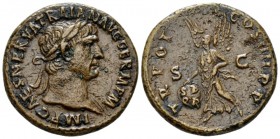 Trajan, 98-117 As circa 101-102, Æ 27mm., 11.78g. Laureate head r. Rev. Victory flying l., holding shield. C 640. RIC 434

Nice light brown tone, mi...
