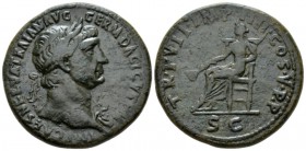 Trajan, 98-117 Sestertius circa 103-111, Æ 35mm., 26.76g. Laureate bust r., with aegis. Rev. Pax seated l., holding branch and sceptre; in exergue, S ...