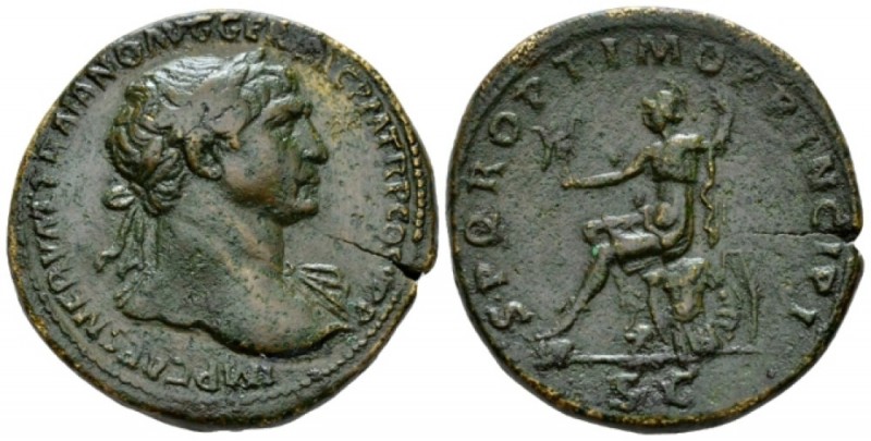 Trajan, 98-117 Sestertius circa 103-111, Æ 34mm., 28.18g. Laureate head r., drap...