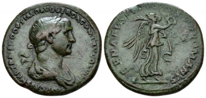 Trajan, 98-117 As circa 115-116, Æ 28mm., 9.65g. . Laureate and draped bust r. R...