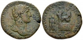 Hadrian, 117-138 Sestertius circa 119-122, Æ 35mm., 24.31g. Laureate bust r., drapery on l. shoulder. Rev. Hadrian seated l. on raised platform, exten...