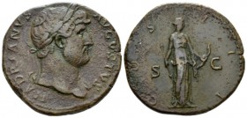 Hadrian, 117-138 Sestertius circa 125-128, Æ 33mm., 22.93g. Laureate head r., with drapery on l. shoulder. Rev. Diana standing r., holding arrow and b...