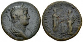 Hadrian, 117-138 Sestertius circa 134-138, Æ 32mm., 22.26g. Laureate and draped bust r. Rev. Hadrian on l. standing r., raising r. hand and holding sc...