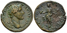 Antoninus Pius, 138-161 Sestertius circa 145-161, Æ 32mm., 24.55g. Laureate head r., drapery on l. shoulder. Rev. Felicitas standing l., holding capri...