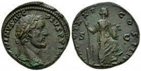 Antoninus Pius, 138-161 Sestertius circa 157-158, Æ 31mm., 24.40g. Laureate head r. Rev. Annona standing r., holding rudder in r. hand and modius with...
