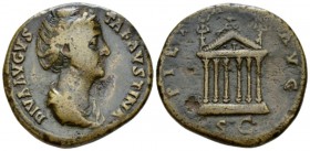 Diva Faustina Senior. Sestertius circa 141-146, Æ 33mm., 21.54g. Draped bust r. Rev. Hexastyle temple façade set on two-tiered base; ornate pediment d...