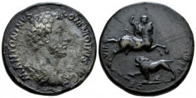 Commodus, 177-192 Sestertius circa 182, Æ 33mm., 25.23g. Bareheaded and draped bust r. Rev. Commodus on horseback r., thrusting a javelin at a lion be...